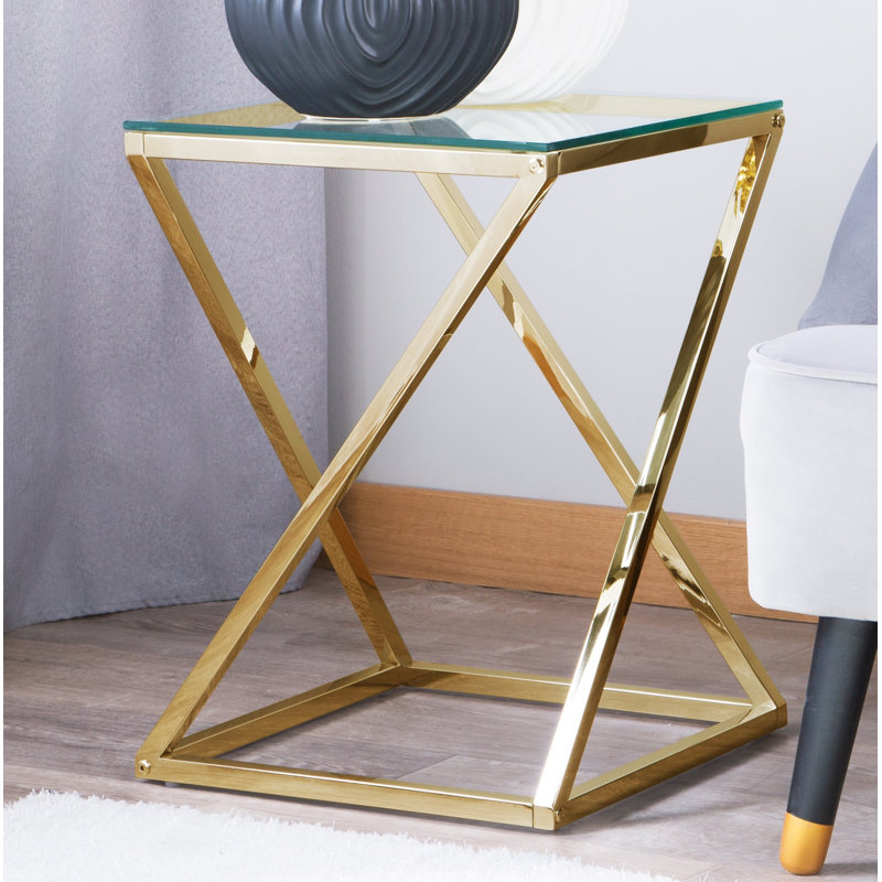 Salcombe Glass Top Cross Legs End Table, Gold