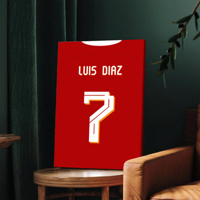 1 art mural encadré, art mural sur toile thématique de chandail de football Luis Diaz, fond rouge avec nom et numéro 7, idéal pour les amateurs de sport, salon, chambre à coucher, décoration de bureau, cadeau unique pour les amateurs de football