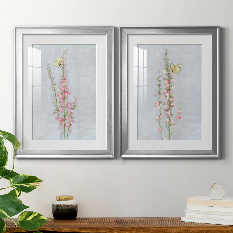 Foxglove Garden I - ensemble de 2 reproductions d'art, Papier avec cadre argenté, Blanc, H 22,5 po x l 61 po x P 1,5 po