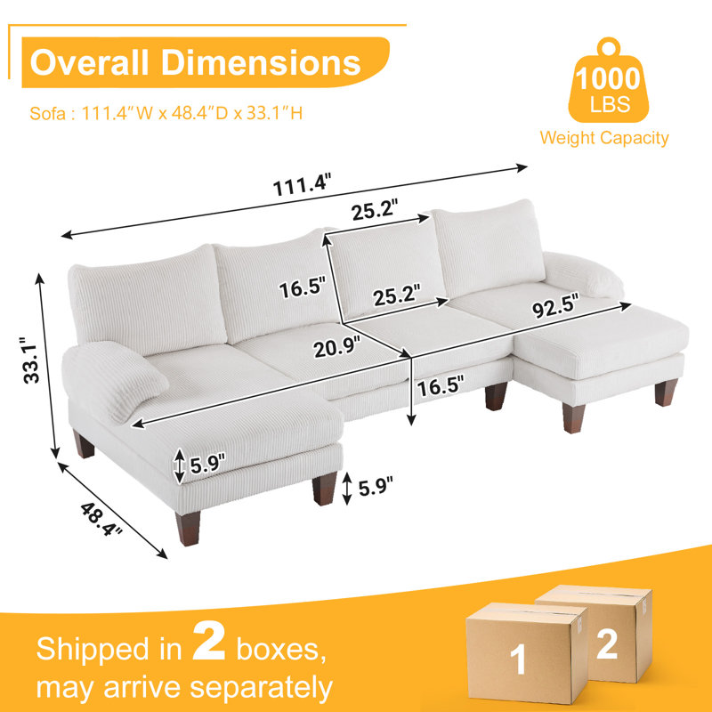  110 In. Pillow Top Arm U-Shaped Sectional Sofa, Beige Corduroy