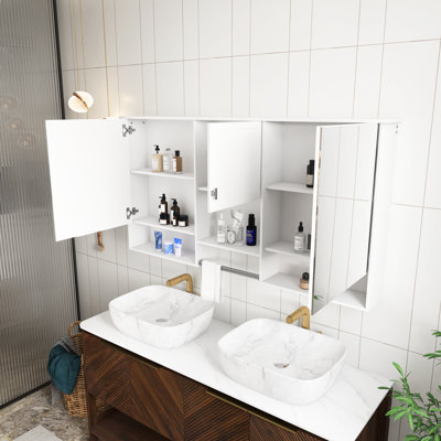 High-Quality MDF White 55 Inch Wall-Mount 3-In-1 Mirror Cabinet With Adjustable Shelf, Soft-Closing Hinges,For Bathroom Vanity, Living Room, Bedroom Storage Organizer