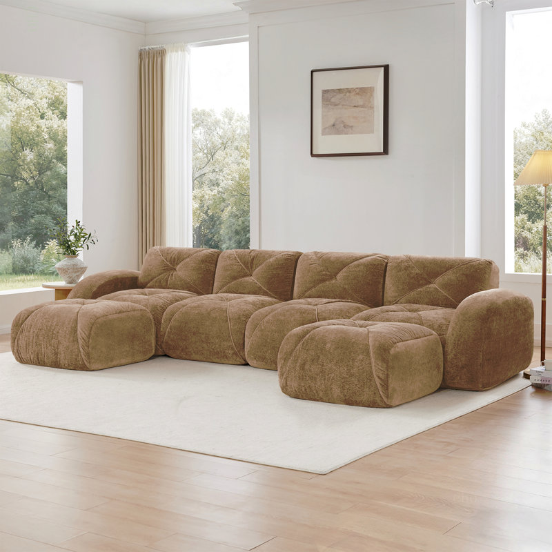 Canapé en forme de U sans os, conception capitonnée, fond en éponge haute densité 32D, conception antidérapante, aucun assemblage requis, combinaison libre, repose-pieds amovibles pour le salon, cinéma maison, chameau