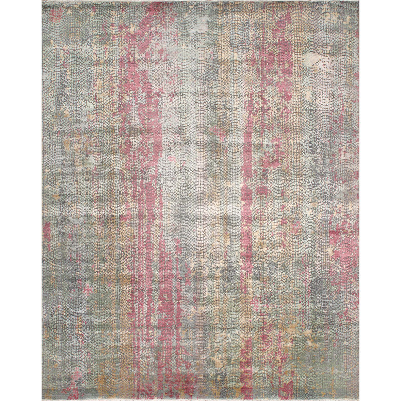 Tapis en laine/rose/gris en soie noué la à la main Gemstone, Rectangle 10 pi 1 po x 13 pi 10 po