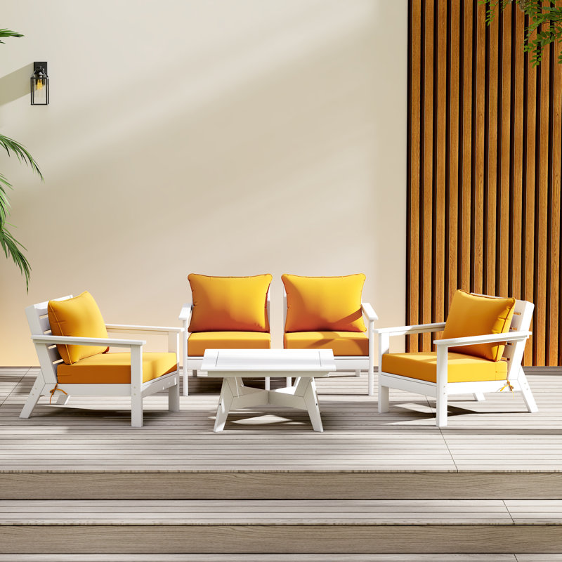 Ensemble de conversation à assise profonde 5 pièces, Jaune, Blanc