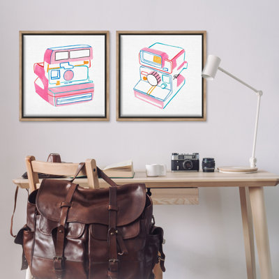 Hand Drawn Vintage Camera 2 PC Framed Floater Canvas Set by Melissa Wang