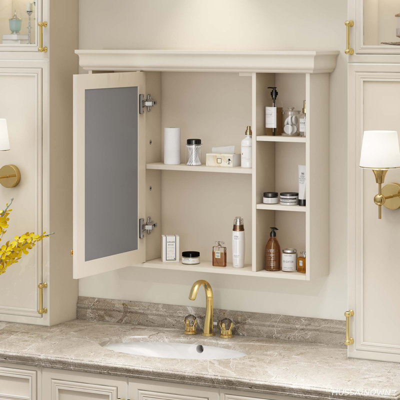 Armoire à pharmacie murale moderne avec porte miroir et 6 tablettes ouvertes Modern, Beige, H 28,74 po x l 35,5 po x P 5,9 po