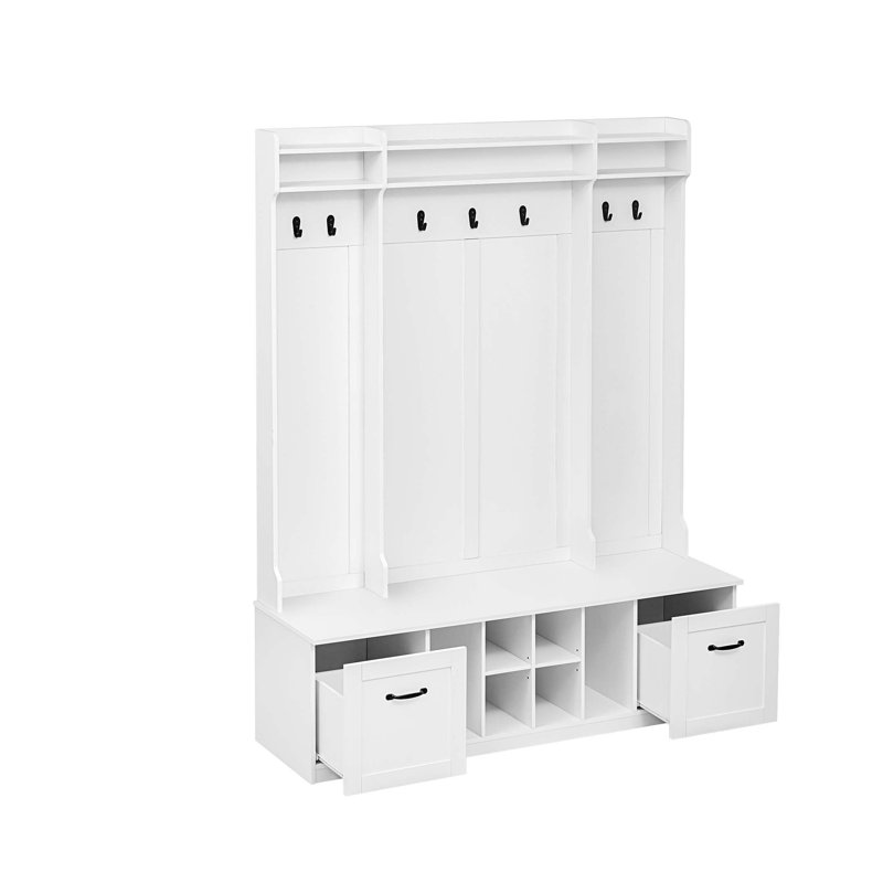 Hall Tree 58.8" Wide With Bench And Shoe Storage, White