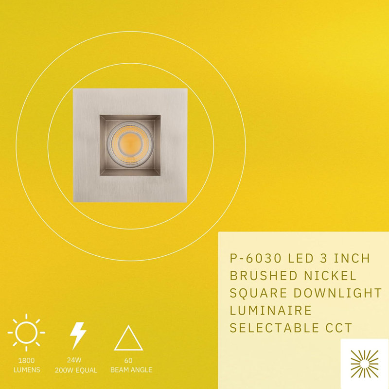 Éclairage encastré carré 3 po 24 W à 1800 lumens Perlglow, Nickel brossé