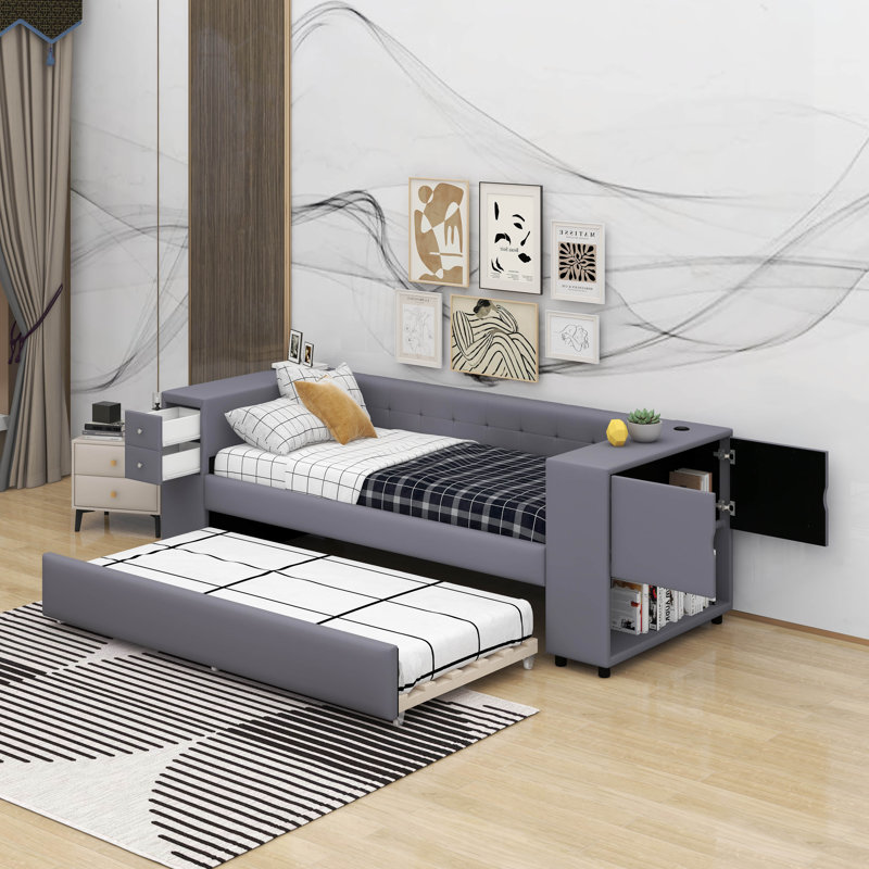 Lit simple tapissier avec lit gigogne, Gris