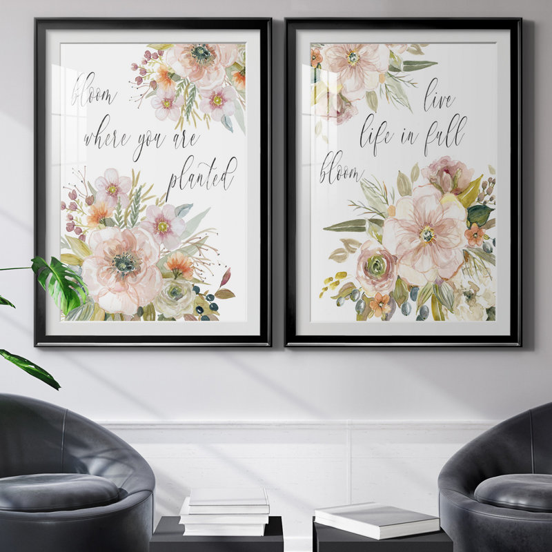 «Peach Bloom I», ensemble de 2 impressions, Blanc, H 26,5 po x l 73 po x P 1,5 po, Papier encadré noir