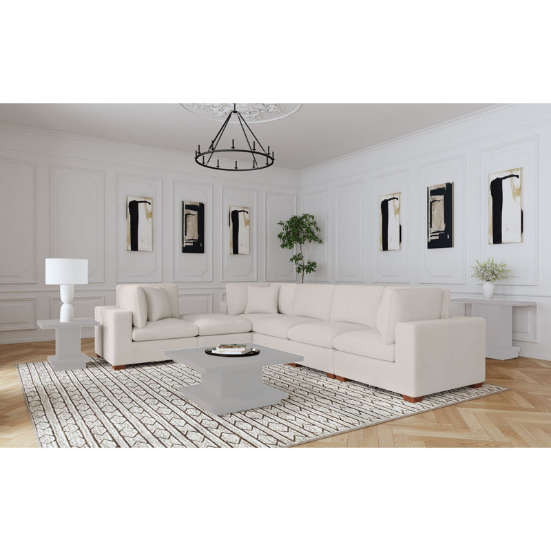 Jenette 6-piece Modular Sectional With Ottoman, Ivory Chenille, Oak