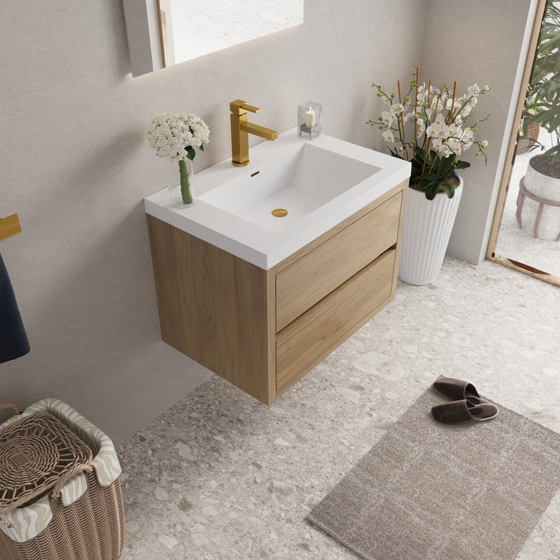 Meuble-lavabo mural 30 po avec lavabo, meuble de rangement flottant avec comptoir en résine de pierre et tiroirs à fermeture en douceur, chêne naturel 24V15-30NOX2