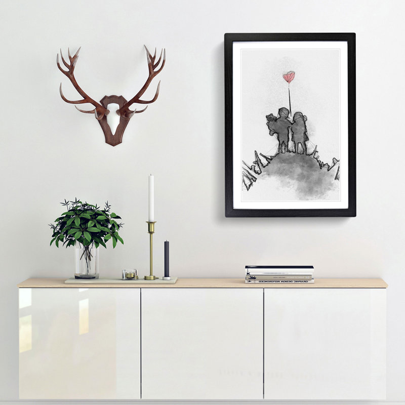 Boy & Girl with Red Balloon in Abstract - Picture Frame Painting Print, 36cm H x 27cm W x 2cm D, Black Framed