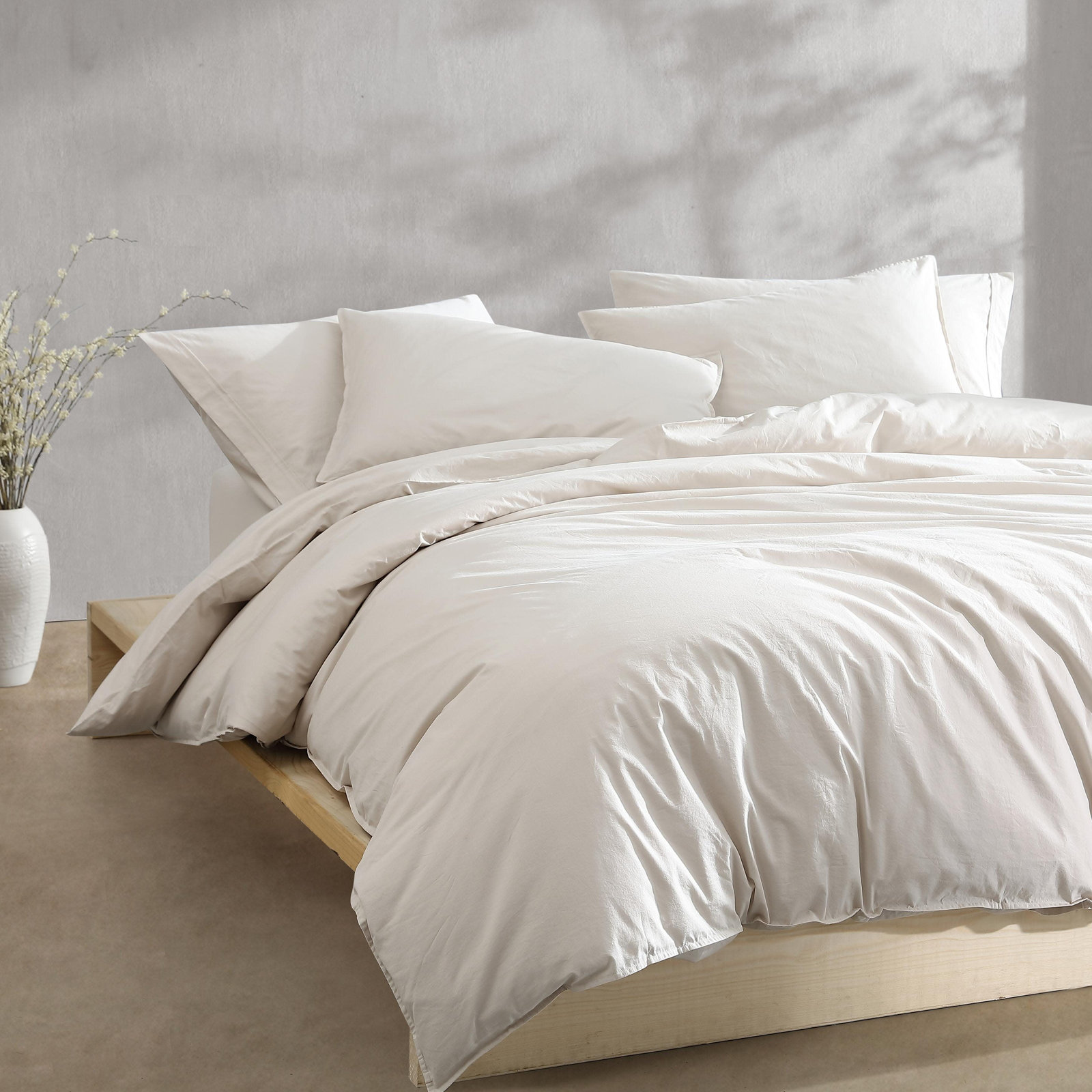 Washed Percale Cotton Comforter Set, Light Beige, Queen Comforter + 2 Standard Shams
