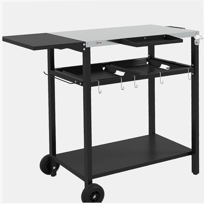 Outsunny Outdoor Bar Cart with Stainless Steel Tabletop, Kitchen Island with Wheels, 2 Tiers & Seasoning Shelf, Patio Serving Cart with Hooks, Towel & Garbage Bag Holder, Plates & Spice Jars, Black