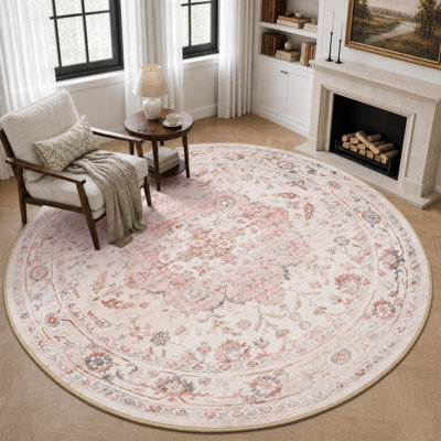 Soft Vintage Floral Washable Area Rug With Non-Slip Backing For Living Rooms And Bedrooms