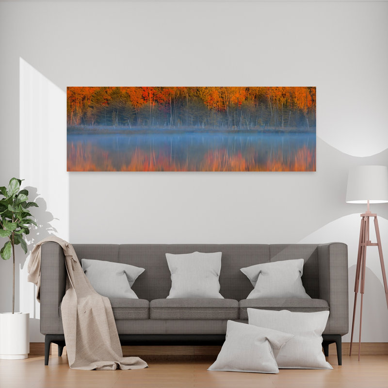 Misty Autumn Lake Reflection Colorful Peaceful Serene Autumn Forest, art mural, H 20 po x l 60 po