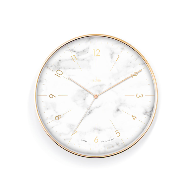 Acctim Wall Clock Non-Ticking Sweep Marble Style Face Brass Effect Case Foil Embossed Numbers 30cm, Golden