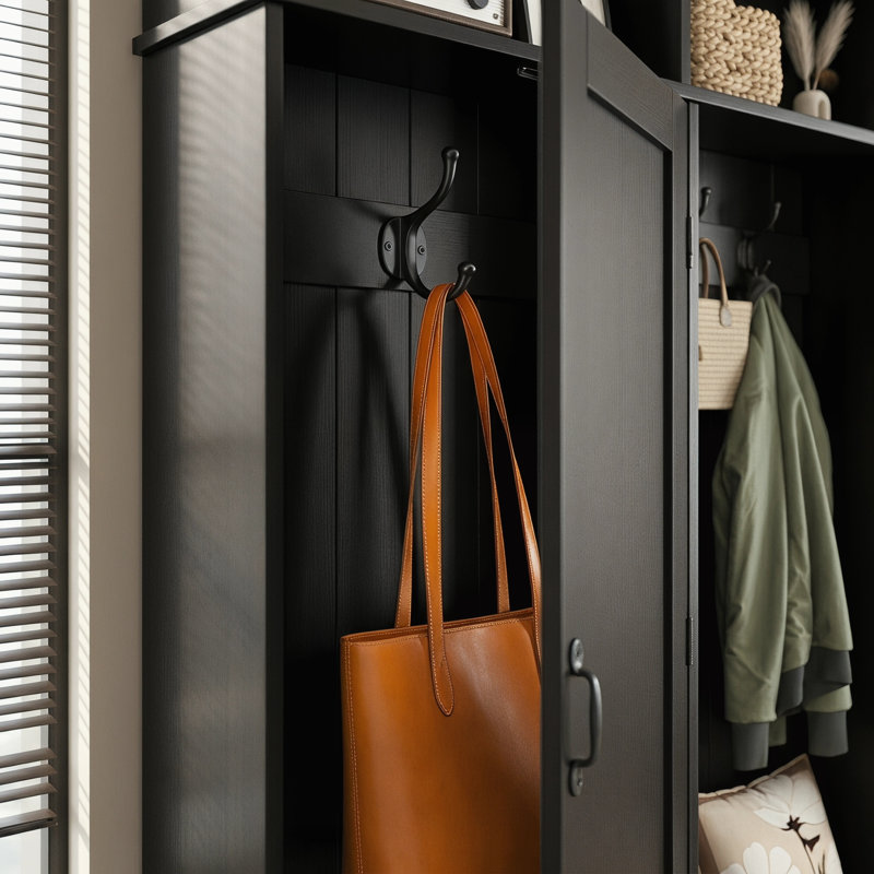 62.2" Wide Hall Tree with Bench – Farmhouse Entryway Coat Rack with 3 Top Cubbies & Bottom Storage, 6 Hooks & Cabinets for Mudroom, Hallway, Living Room – Black Finish with Wood Grain Seat, Anti-Tip Kit