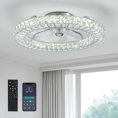 Ventilateur de plafond moderne en cristal avec lumière, 6 vitesses, télécommande et contrôle d'application, DEL à intensité variable, chambre à coucher et salon