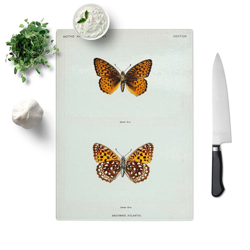Tempered Glass Atlantis Fritillary Butterfly Chopping Board, 28.5 cm W x 39 cm L