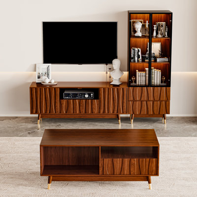 Ensemble de salon de salle à manger à cannelures de 79,5 po avec bibliothèque et ensemble de trois pièces avec panneau en relief et pieds en bois massif pour téléviseur 55 po, console de style Mid-Century en bois et bibliothèque en verre avec tiroirs et rangements