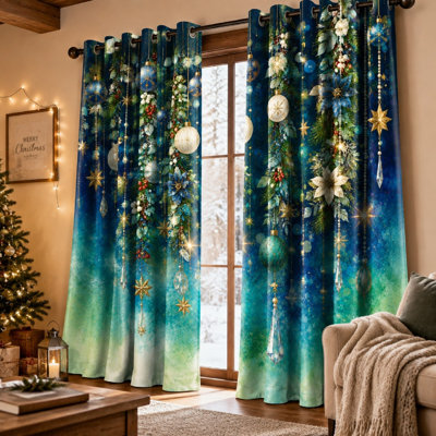 2Pcs Festive Christmas garland print Sun Blocking curtains, elegant holiday decorative ring-top, winter wonderland themed and thermal for living room decor for Home Dector