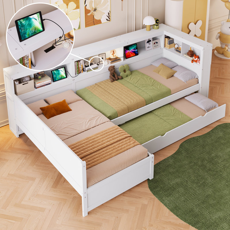 Lit plateforme simple en L en bois avec lit gigogne, tiroir et tablettes de rangement en bois - Lit pour enfant et invité peu encombrant, blanc