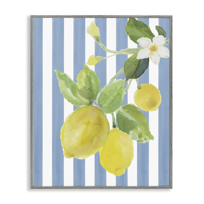 «Lemon Blossom» sur rayures bleues, estampe numérique, conception de Lanie Loreth, 30 x 24, Giclée de ferme grise encadrée