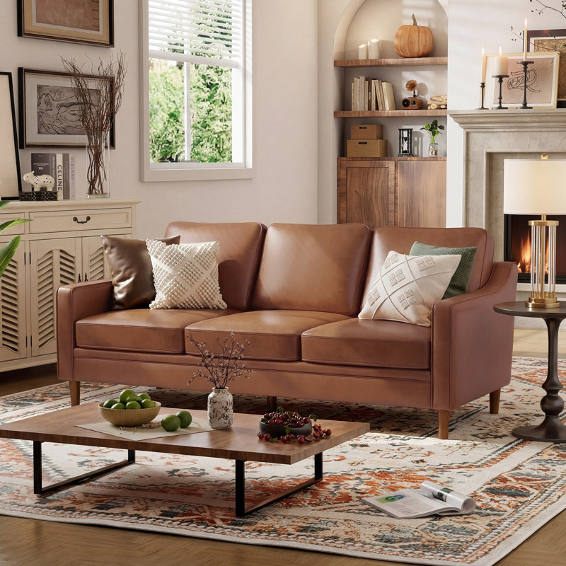 Barton 80.31'' Faux Leather Square Arm Sofa, Chestnut Performance Faux Leather