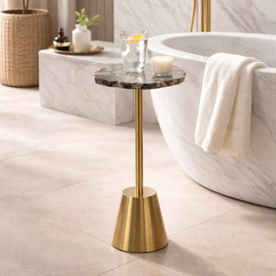 Apolaya Agate Side Table - Modern Natural Stone End Table with Gold Base, Small Accent Table for Living Room 24"