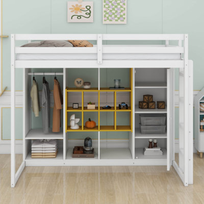 Twin Size Kids Loft Bed With Wardrobe And Shelves, Wooden Loft Bed Frame With Storage Cabinet For Kids Teens