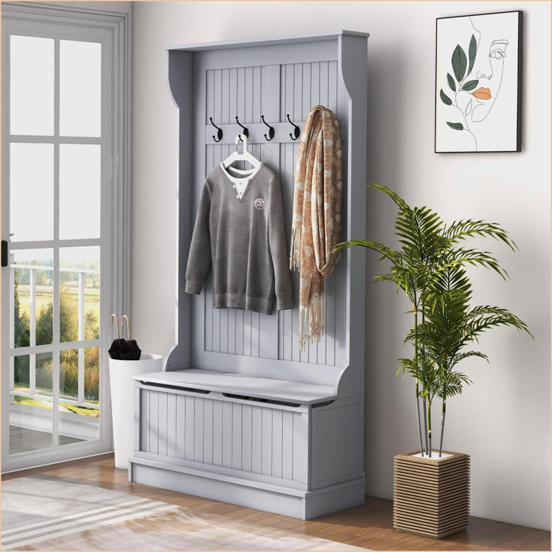 Hall Tree with Storage Bench, HOMCOM 3-In-1 Coat Rack 5 Hooks &amp; Shoe Storage, Distressed White | White | Coat Racks