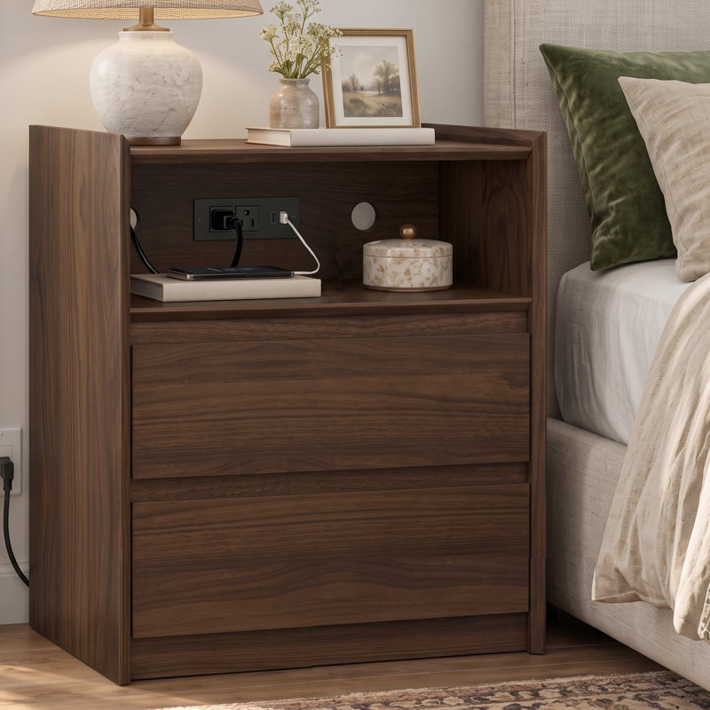 Table de chevet moderne 20 po avec station de charge, 2 tiroirs et tablette ouverte, Noyer foncé, Individuel