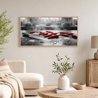 Red Chili Peppers and Knife with Salt Canvas Wall Art