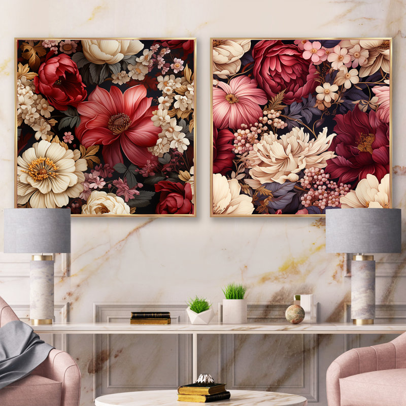 Jessup - Ensemble de 2 collages carrés floraux, Cadre flottant doré, H 16 po x l 33 po