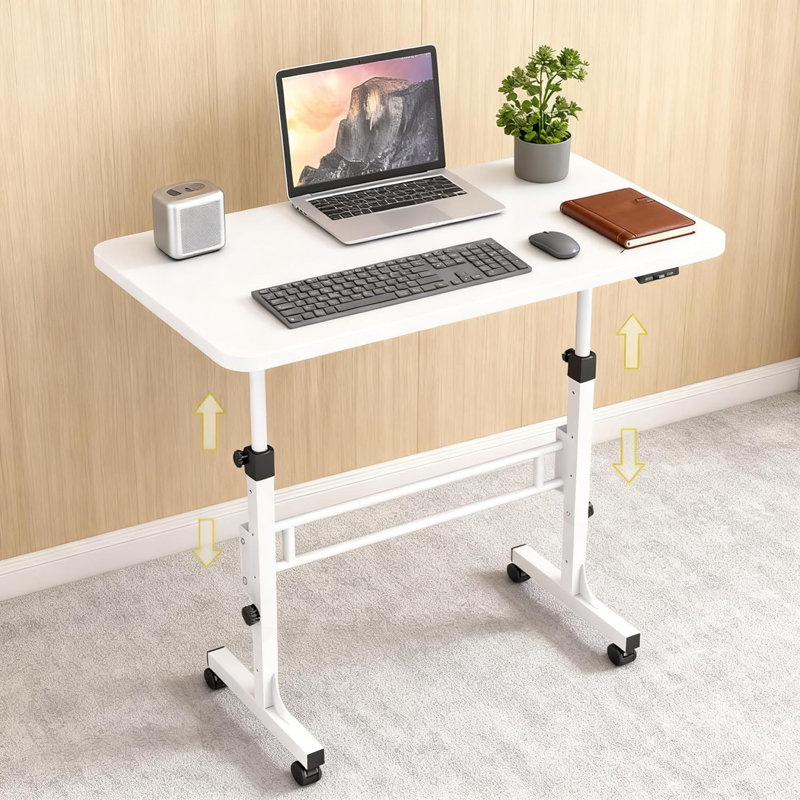 Small Standing Desk With Adjustable Height, Mobile Rolling Desk With Casters For Bedroom & Home Office, Portable Sit Stand Table For Computer Workstation, White, 31.5” X 15.75”