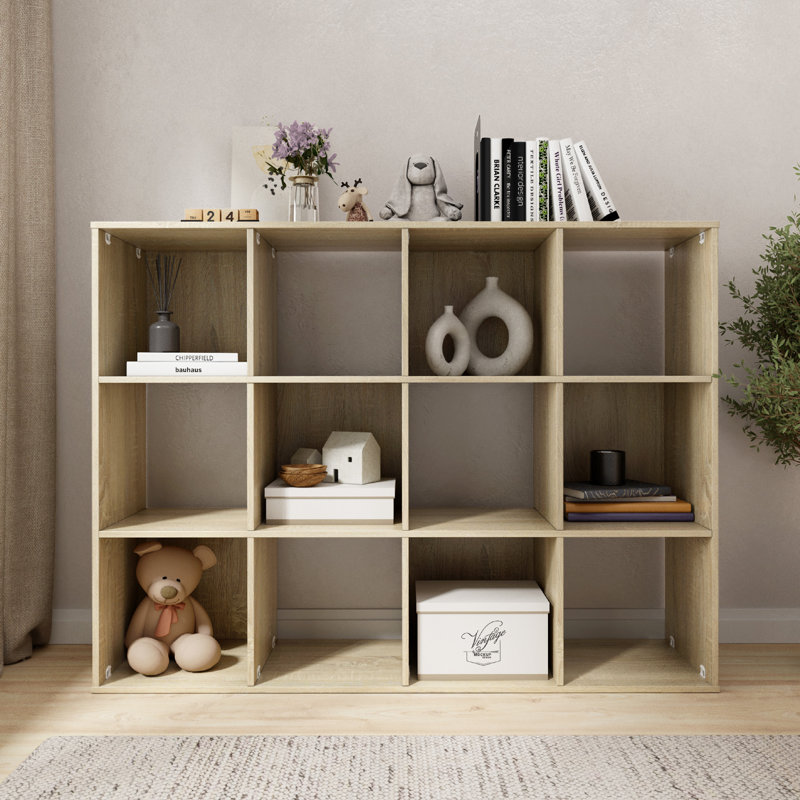 34.96 In. Tall Natural Oak Wood 3-Shelf Etagere Bookcase, Brown, 34.96" H x 46.61" W x 11.73" D