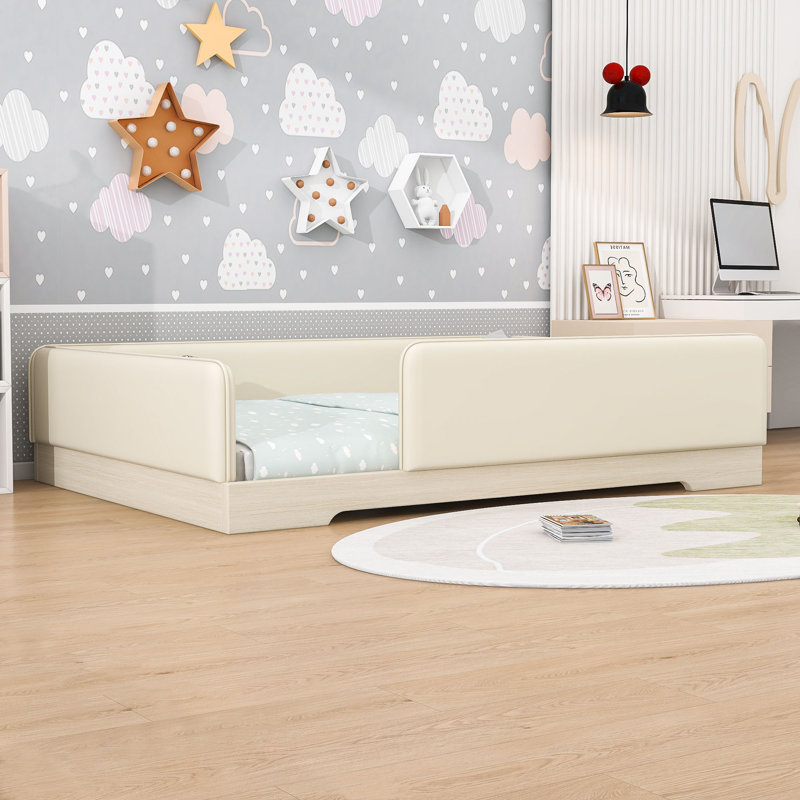 Lit de plancher rembourré avec garde-corps amovibles, Grand lit, Beige