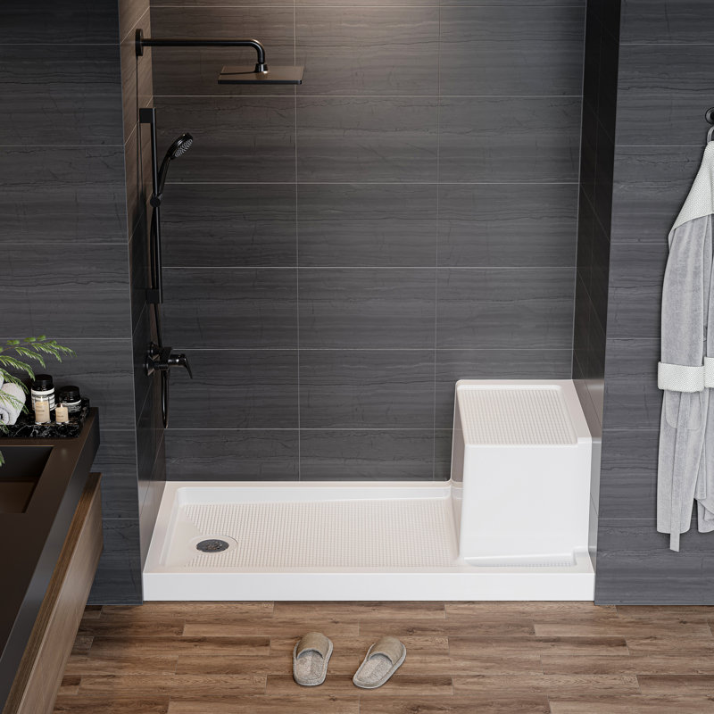 60" W x 32" D Shower Base with Seat and Drain Included, Non-slip Shower Pan, Left