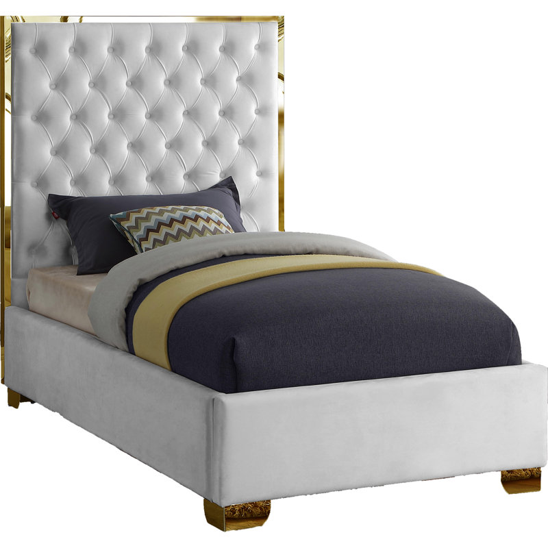 Spadaro Upholstered Platform Bed, White Velvet, Gold, Twin