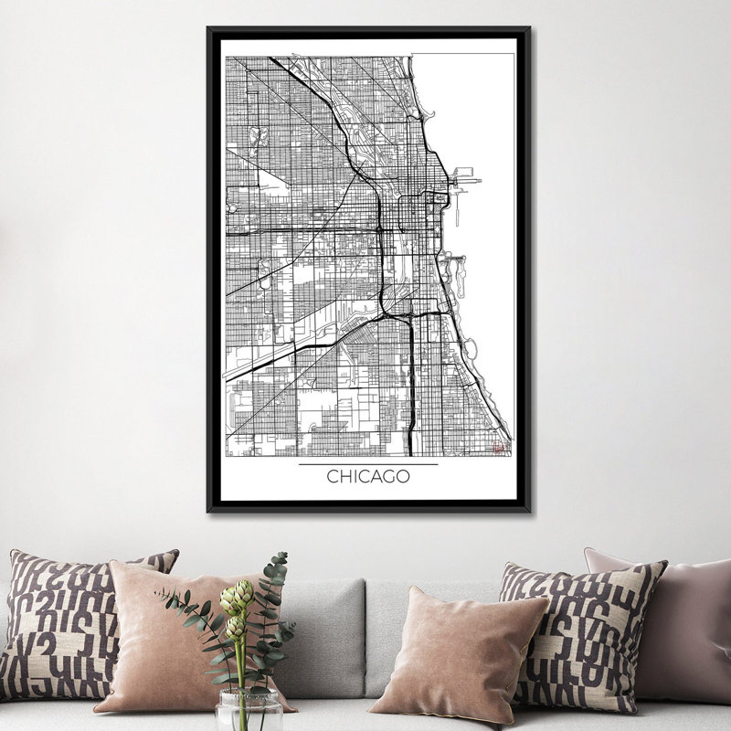 «Chicago Minimal Urban Blueprint Map», impression sur toile, H 26 po x l 18 po x P 1,5 po, Toile avec cadre noir