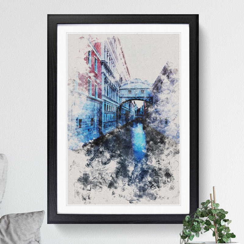Bridge of Sighs in Venice Italy Watercolour - Picture Frame Graphic Art, 65cm H x 48cm W x 2cm D, Black