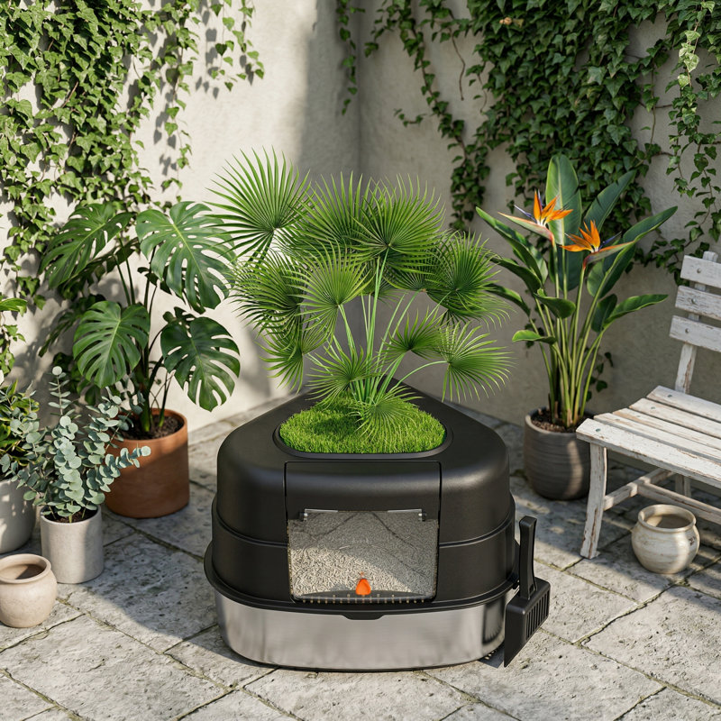 Bac à litière d'angle en acier inoxydable XXL avec couvercle, conception de plante cachée avec plante artificielle, boîte décorative pour grands chats