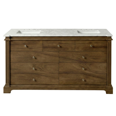 Rockaway 72"W Marble 5 Drawer Double Bathroom Vanity, Brown