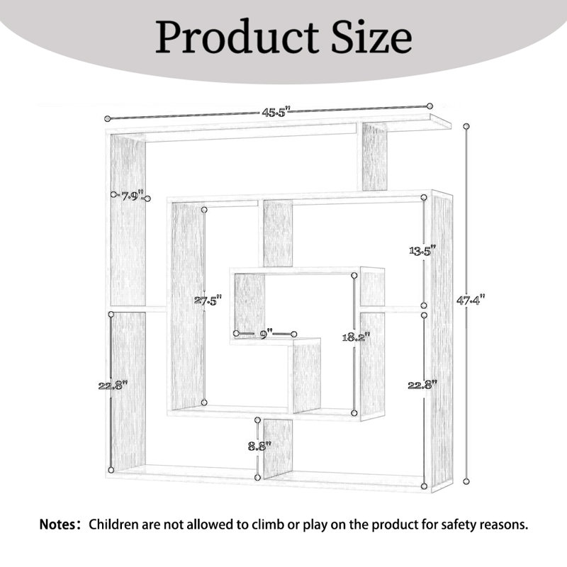 6 Tier Freestanding Geometric Bookcase, Wall Mounted Bookshelf, Floating Book Shelves For Bedroom Living Room, Brown