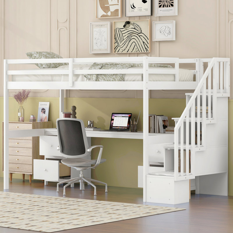 Twin Size Loft Bed Frame With Built-In Desk And Double Storage Drawers, Gris