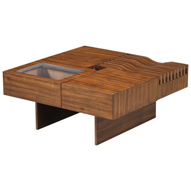 Table basse carrée en bois avec 3 tiroirs et pieds en bois massif pour le salon, Brun