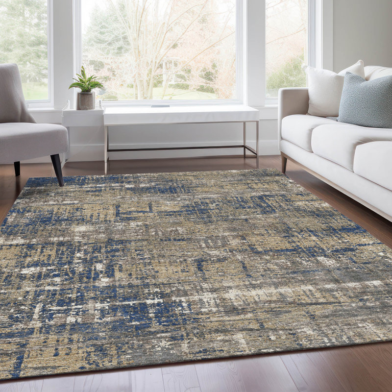 Tapis bleu marine Xhevrie intérieur / extérieur lavable à la machine, Rectangulaire 8 pi x 10 pi