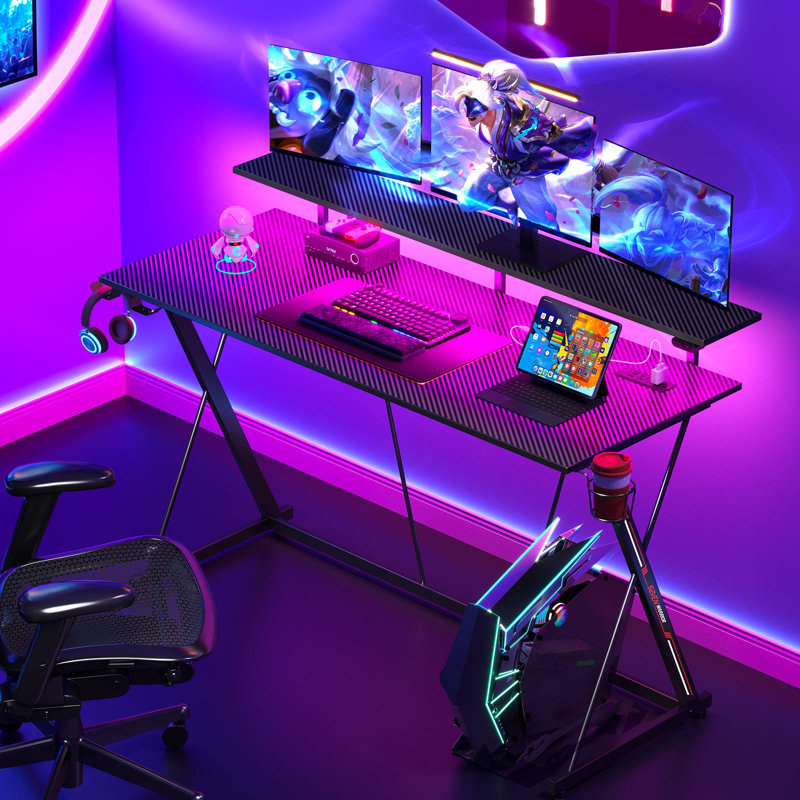 Gaming Desk with LED Lights & Power Outlets, Computer Desk with Monitor Shelf, 34.20" H x 47.20" W x 19.70" D